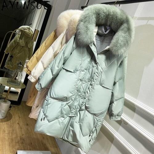 AYUNSUE Womens Down Jacket Warm Winter Coat Female Jacket Raccoon Fur Collar Hooded Women Parkas Thick Clothes Mujeres Abrigos