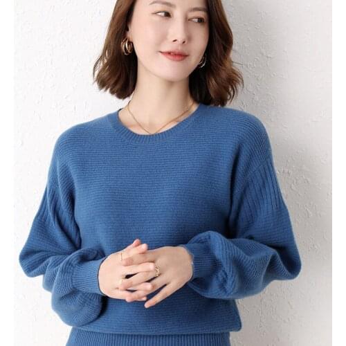 Autumn/Winter Lantern Sleeve 100% Pure Wool Pullover Womens Top Solid Color Loose Big Version Thickening Warm Knitted Sweater