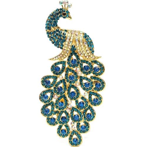Retro Peacock Bird Gold Tone Woman Brooch Pin Pendant Lake Blue Rhinestone Crystal