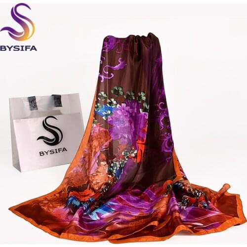 [BYSIFA] Winter Purple Coffee Long Scarves Foulard Fashion Brand 100% Silk Scarf Shawl New Floral Design Ladies Scarves 175*65cm