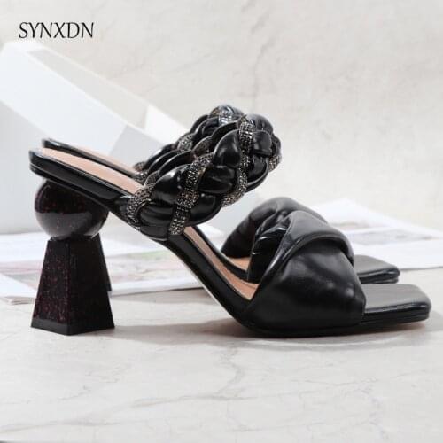 Summer Women Modern Slippers Solid Womens Slides Leather Braided Pump Party Dress Outdoor Female Brand Sandals Peep toe Sandals