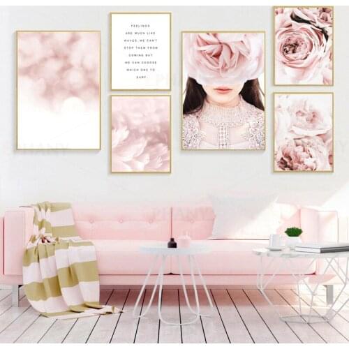 Scandinavian Fashion Pink Poster Rose Flower Feather Nordic Wall Art Canvas Print Painting Modern Living Room Decor Picture