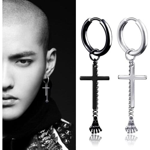 SOHOT Unisex Titanium Stainless Steel Hoop Earrings Cross Geometry HipHop Chic Long Tassel Chain Man Black Wholesale Punk Gift