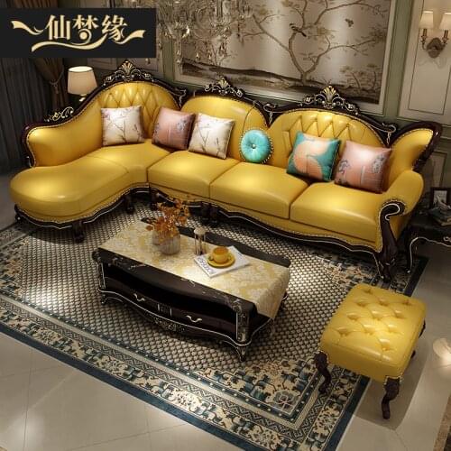 Xianmengyuan European solid wood leather light luxury classic Chinese Red ebony yellow American living room corner sofa