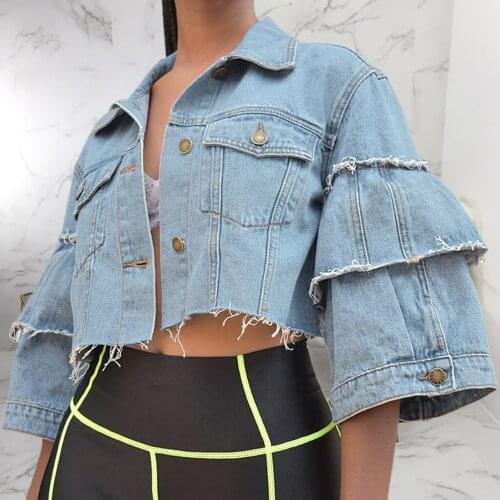 S-XXXL Womens Denim Jacket Button Down Distressed Ruffle Sleeve Crop Jean Jackets Coat
