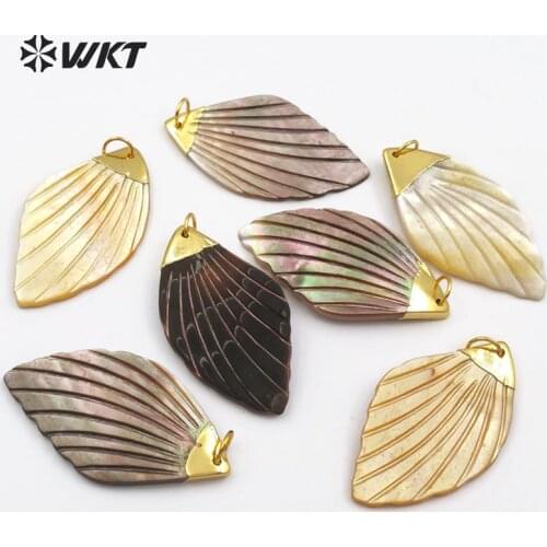 WT-JP070 Dainty Carved Yellow Grey Black Shell Pendant Gold Capped With Circle Hoop Charm For Women Vogue Jewelry Making