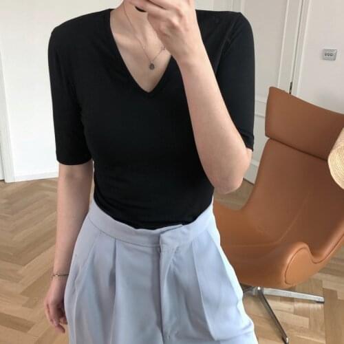 Women Pink Thin Section T-shirt New Arrivals V-Neck Short Sleeve Fashion Slim Temperament Tide Summer 2021 Z287