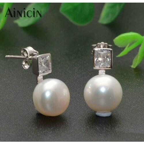 New Arrival S925 Sterling Silver Stud Earrings 9mm AAA Natural Pearl Dangle Earrings CZ Setting Jewelry For Women Girls Gift