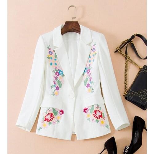 Blazer Luxury 2021 Women Runway Fashion Flower Embroidery White Black Working Office Blazers