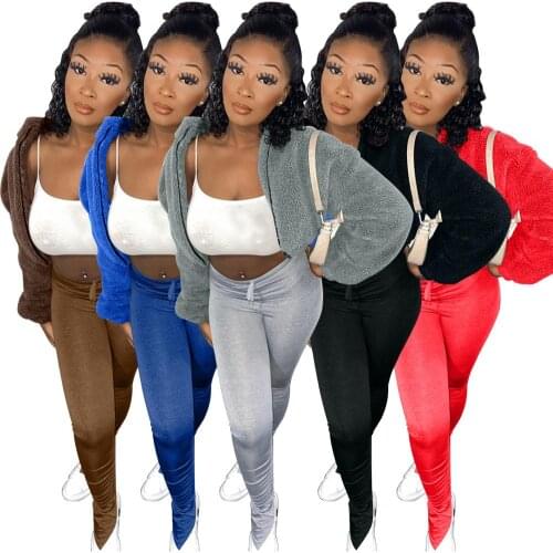 2020 Winter Womens Tracksuit Long Sleeve Grain Fleece Plush Short Jackets And Stacked Pants Two Piece Set Fitness Sport Outfits