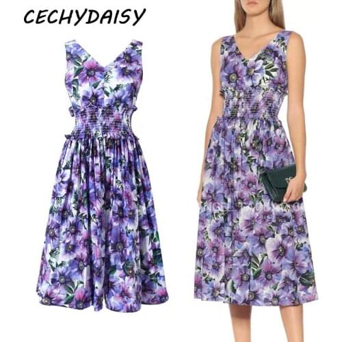 Purple Rose Floral Print Dress Women Summer Elegant Designer Brand Fashion V-neck Party Dinner Vintage Dresses vestido de mujer