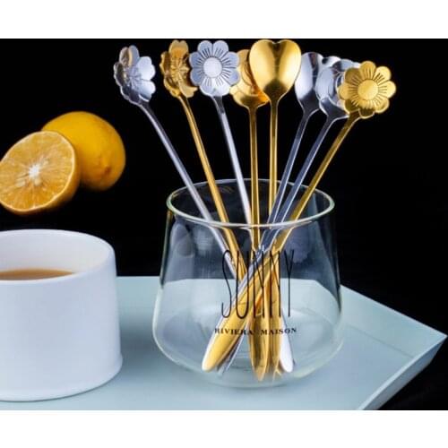 1PC Tea Coffee Mixing Spoon Long Handle Stainless Steel Flowers Design Spoon
