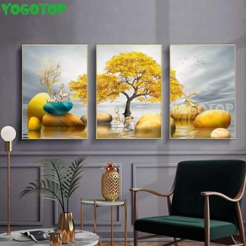 Nordic Style Goldren Tree Deer Animal Diy Diamond Painting Art Cross Stitch 3 Piecs Diamond Embroidery Mosaic Triptych ML1462