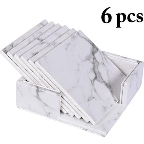 6pcs Heat Resistant Cup Mat Fashion Marble Square High Quality Drink Coaster Trivet Mat With Holder Water Cup Accessories