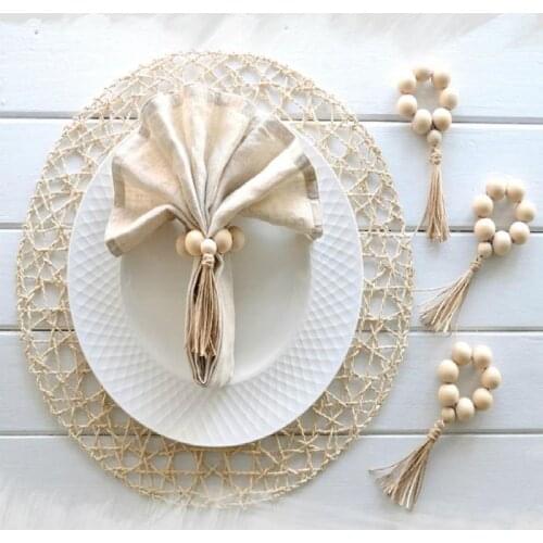 4pcs Natural Wooden Bead Napkin Rings With Tassels Handmade Wood Beads Garland Wall Hanging Weddings Home Decor Table Decoration