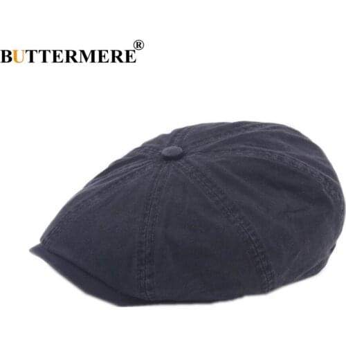 BUTTERMERE Men Cotton Flat Hat Newsboy Cap Gatsby Octagonal Hat Duckbill Beret Solid Navy Black Spring Autumn Painter Hat