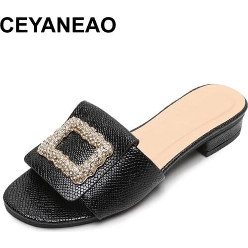 CEYANEAOShoes Woman 2021 Big Size Rivet Low Slippers Flat Fabric PU Basic Rubber Scandals Flat Shoes Female Low Big Size Ladies