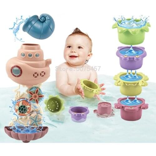 Baby Bath Toys Waterwheel Bathing Toys Colorful Early Educational Intelligence Gift Boat-shaped Stacked Cup Folding Tower Toys