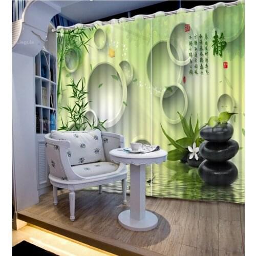 Home Bedroom Decoration Custom Curtain 3D Curtains Green Background Bamboo Circle Fish Blackout Shade Window Curtains