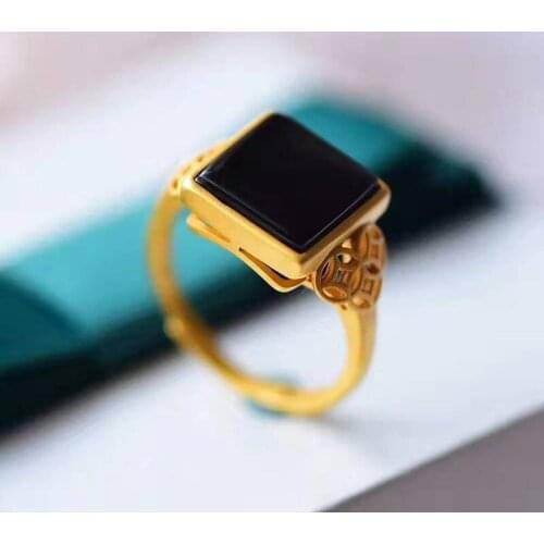Natural Hetian Jade Dark Jade Court Ring S925 Sterling Silver Ring Ancient Style Thick Gold Inlaid Texture Adjustable Ring