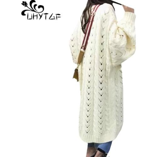 UHYTGF Women sweater Long cardigan coat female Thick line Knitted Cardigan autumn winter sweaters coats Plus size pull femme 326