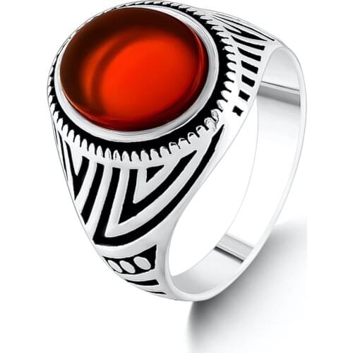 Plain Model Round Red Agate Gemstone Ring Handmade Men Jewelery Vintage Silver Accessories Solid 925 Sterling Silver