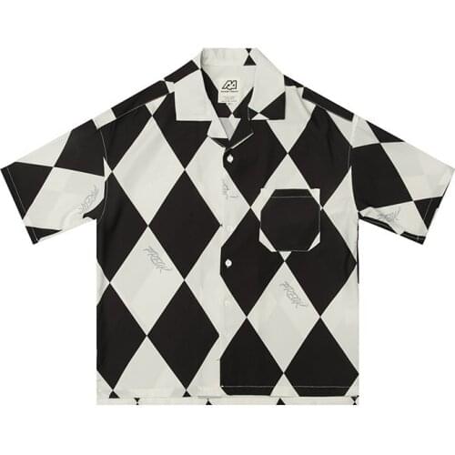 Summer short-sleeved mens American-style diamond lattice Hawaiian style half-sleeved vacation shirt mens base tee