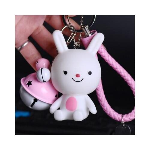 Cartoon Fluffy Rabbit Fur Pom Pom Cute Animal Rabbit Bunny Keychain Doll Bell Key Ring Women Car Purse Key Chains Trinkets D176