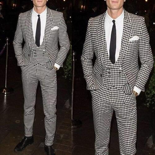 Mens Suit Houndstooth Swallow Gird Plaid Casual 3 Piece Prom Wedding Groom Tuxedo (Jacket + Pants + Vest) Dinner Formal Blazer