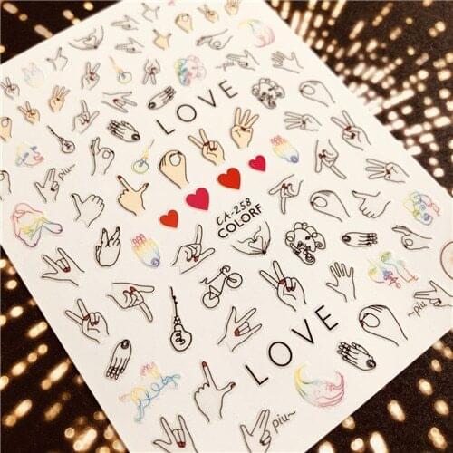 Newest letter series CA-258 hand cartoon colorful designs 3d nail art sticker nail decal accessories