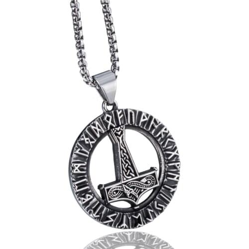 Elfasio Viking Pendant Necklace Men Norse Thor’s Hammer Mjolnir Vikings Text Symbol Stainless Steel Chain 18-30inch