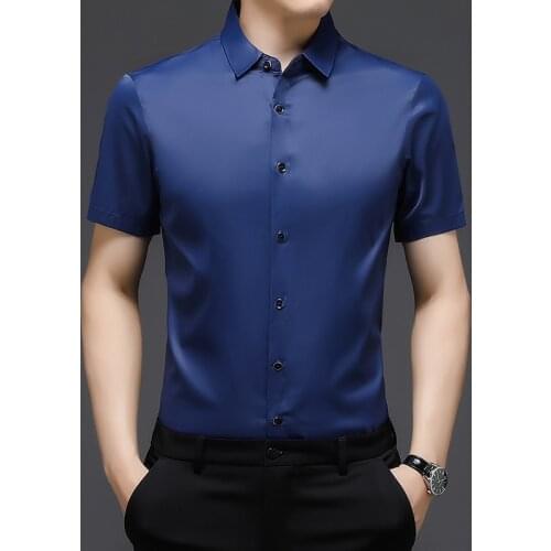 2021 Summer Mens Slim Short-sleeved Shirt Fashion Solid Color Professional Business Casual No Ironing Shirt Black White Blue