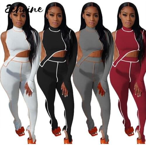Sportwear Women Set One Shoulder Long Sleeve Turtleneck Top Flare Slit Jogger Pants Suit Tracksuit Two Piece Set Fitness Outfit