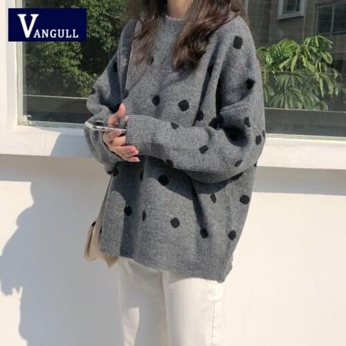 Vangull Vintage Casual Loose Lazy Sweater Female Korean Womens Sweaters Polka Dots Sweet Pullover Knitting Sweater Top
