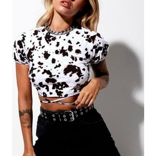 Female Fashion Street Stripes Leopard Printed Open Back T-shirts Women Summer Stylish Pullovers O Neck Tie Up Slim Fit Crop Top