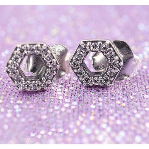 Original Honeycomb Hexagon With Crystal Stud Earring For Women 925 Sterling Silver Earring Wedding Party DIY Gift Europe Jewelry