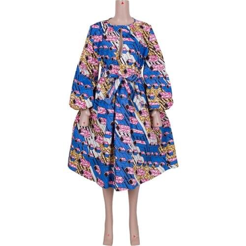 In Stock Women Mid-calf Dress Fashion African Print Cotton Dress Elegant Long Sleeve Dress Plus Size African Clothing XH151