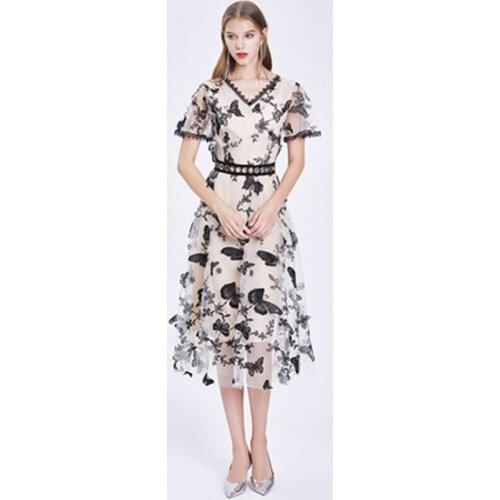 Women Luxury European Style Embroidery Butterfly Mesh Runway Dress Mid-calf Slim Tulle Party Dress