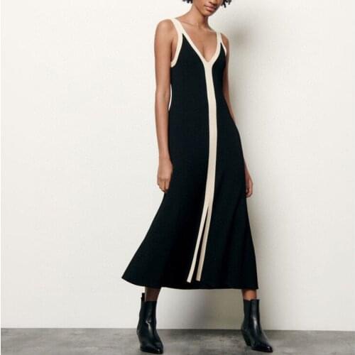TVVOVVIN New Sleeveless V-neck Knitted Mid-length Dress Fashion Slim Female Contrast Split A-line Dress 1V7U