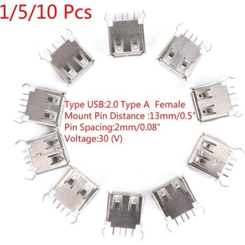 1/5/10 Pcs USB 2.0 Type A Female Vertical Socket Connector 180 Degrees 4 Pin Plug Jack Connectors 13mm 30V