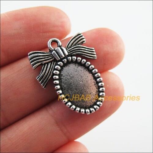 15Pcs Tibetan Silver Tone Retro Bowknot Oval Picture Frame Charms Pendants 19.5x25mm