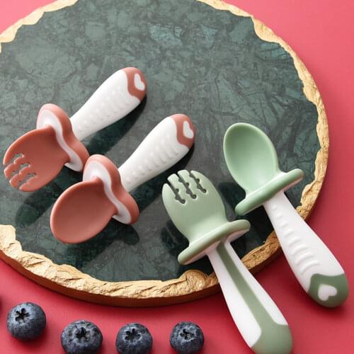 2Pcs/Set Creative Spoon Fork Round Head Design Anti-slip Food Grade Material Children Spoon Fork Set for Household