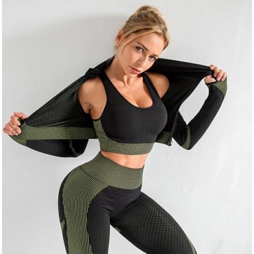 3PCS Seamless Women Yoga Set Workout Sportswear Gym Clothing Fitness Long Sleeve Crop Top High Waist Leggings Sports Suits