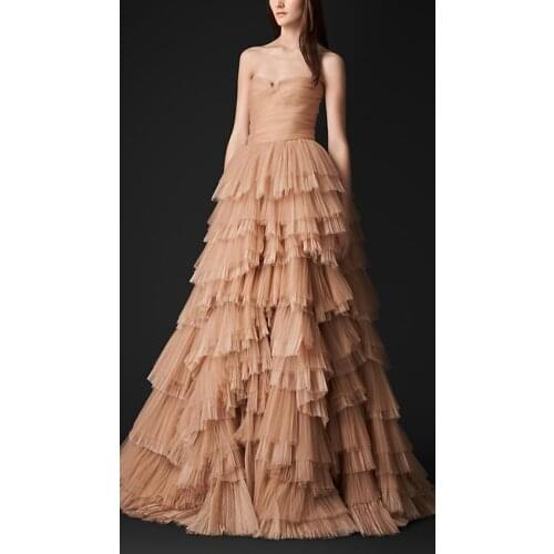 Champagne Pleats Tiered Prom Dresses 2021 Strapless Formal Evening Party Dress vestidos de gala