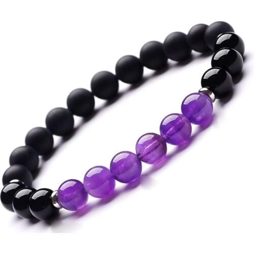 Natural Amethyst Black Agate Beaded Bracelet Stainless Steel Spacer Healing Crystal Stone Energy Balance Jewelry Women