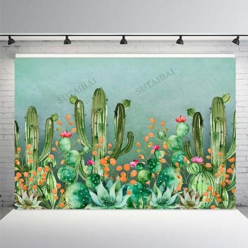 Floral Flower Green Cactus Backdrop Watercolor Child Birthday Party Mexican Photo Background Photography Backdrops Studio Vinyl