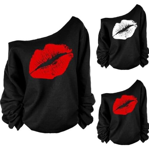 Sexy Red Lip Print T Shirt Women One Shoulder Plus Size T-shirt Long Sleeve Casual Loose Summer Tshirt Top Camisetas Mujer Black