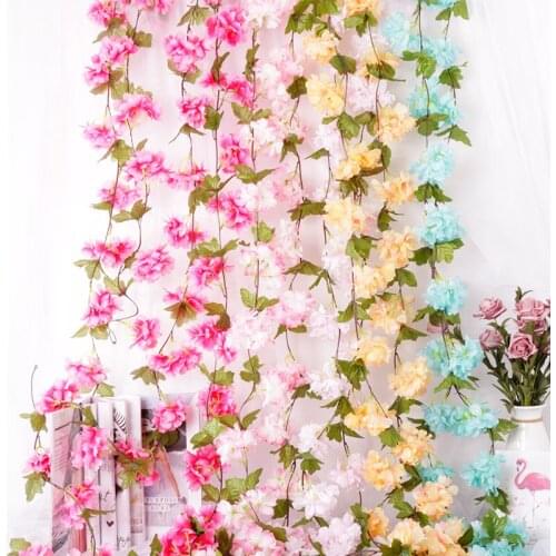 2.3M Artificial Cherry Blossom Hanging Vine Simulation Silk Flowers Wall Hanging Garland Flower Decoration Fake Plant Wreath
