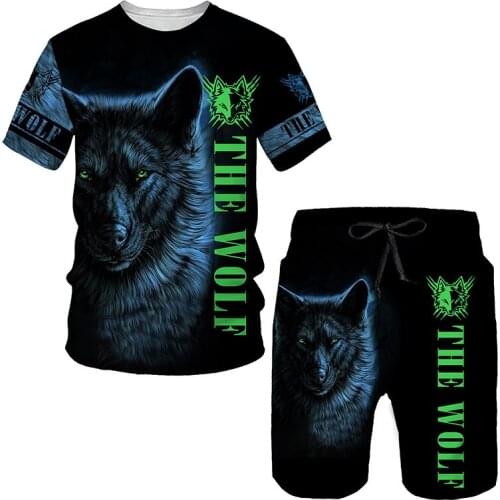 Summer Fierce Wolf 3d Printing Mens T-shirt + Shorts Suit Mens Sportswear Sportswear O-neck Short-sleeved Boys 2-piece Suit