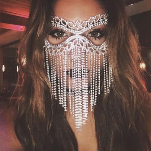 Fashion Hot Sale Full Rhinestone Tassel Mask Sexy Crystal Facial Jewelry Mask Exaggerated Halloween Mask Handmade Accessories